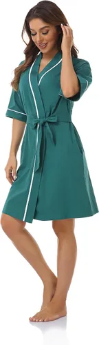 Vista 3 de COLORFULLEAF Bata de baño de manga corta para mujer, 100% algodón, longitud hasta la rodilla, con bolsillos