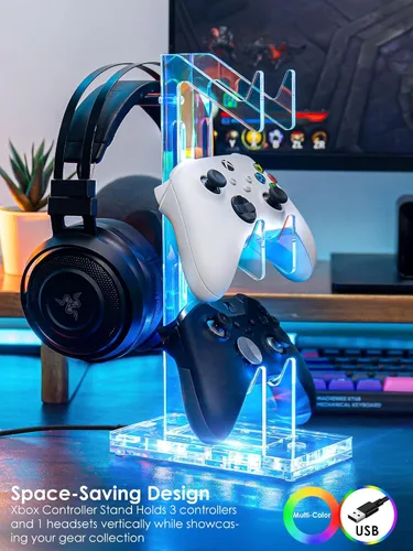 Vista 14 de OAPRIRE Headset and Controller Stand with Lights, 2 Tier Acrylic Game Controller Holder, Controller and Headset Stand for Desktop,Universal Design
