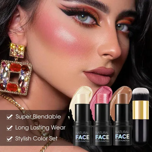 Vista 2 de Kit de contorno en crema de 3 piezas, rubor crema, iluminador, bronceador de contorno para mejillas, impermeable, de larga duración, mezclable, trío