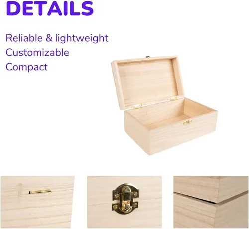 Vista 3 de Craft County Caja de madera sin terminar con bisagras y pestillo, almacenamiento para coleccionables y suministros