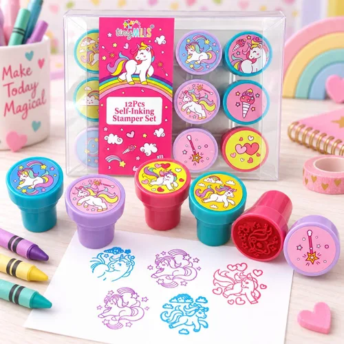 Vista 2 de TINYMILLS Kit de 12 sellos de unicornio para niños, bonitos sellos de unicornio autoentintados, recuerdos de fiesta de unicornio, recompensas