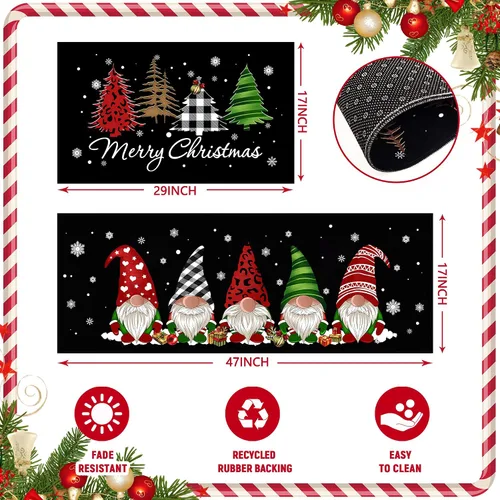 Vista 4 de Juego de 2 alfombras de cocina de Navidad - Alfombra de cocina a cuadros de búfalo, gnomos de árbol, alfombra de cocina negra, alfombra de piso