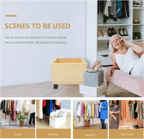 Vista 6 de Cabilock Caja de almacenamiento de madera con tapa y ruedas, organizador portátil de artículos diversos, contenedor de almacenamiento para el hogar