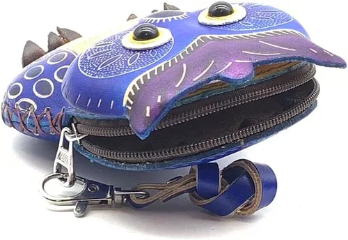 Vista 11 de Handmade Vintage Genuine Leather 3D Animal Owl Coin Purse with Removable Wrist Strap (Brown)