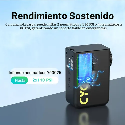 Vista 5 de CYCPLUS AS2 Bomba de Bicicleta Ultra Pequeña con Manómetro, Mini Bomba Eléctrica Máx 120 PSI, Parada Automática, con Válvula Presta y Schrader