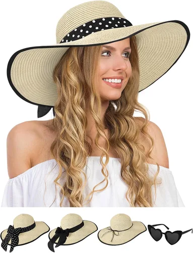 Vista 13 de Sombreros de paja Sun Beach para mujer, sombrero de ala ancha de verano 2-Beige