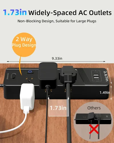 Vista 6 de Regleta protectora contra sobretensiones con interruptores individuales, 6 tomas de corriente ampliamente espaciadas con 2 USB C y 2 USB A, cable