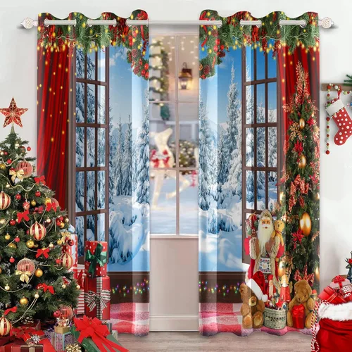 Vista 8 de AWERT Cortinas de Navidad para sala de estar, Navidad tradicional temporada de invierno, árbol de Navidad, juego de 2 paneles de cortinas opacas