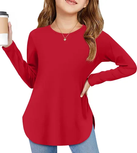 Vista 11 de Arshiner - Camisetas de manga larga para niñas, cuello redondo, dobladillo curvo, abertura lateral, básicas, casuales, de ajuste holgado, tipo