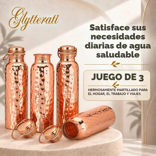 Vista 8 de Botellas de agua de cobre martillado puro con asa, juego de 4 unidades, 34 onzas cada una