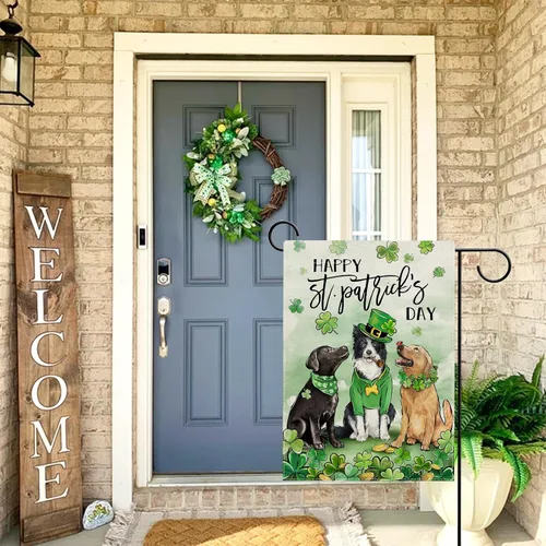 Vista 6 de Hzppyz Bandera de jardín con diseño de perros del Día de San Patricio, de doble cara, trébol de trébol dorado para cachorros, decoración pequeña