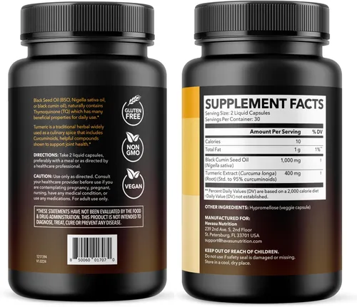 Vista 9 de Cápsulas de aceite de semilla negra con suplemento de curcumina de cúrcuma, 30 porciones