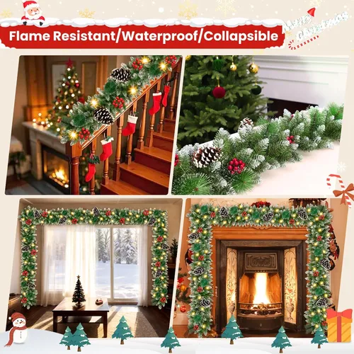 Vista 6 de Guirnalda de Navidad con luces de 9 pies, guirnalda de Navidad artificial de 250 piezas de ratán verde, decoración artificial para escaleras, pared