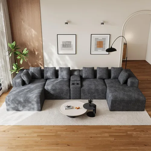 Vista 25 de Sofás seccionales en forma de U de gran tamaño de 131 pulgadas para sala de estar, cómodo sofá modular de pana esponjosa beige sin hueso, sofá