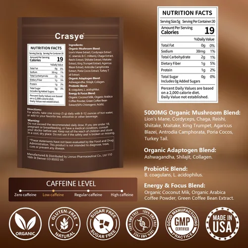 Vista 2 de Café orgánico de hongos con bajo contenido de cafeína, 11 superalimentos, café instantáneo con ashwagandha, shilajit, melena de león, reishi, chaga