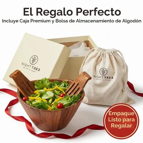 Vista 4 de Night Tree Ensaladera grande de madera con tenedores para servir, juego de ensaladera de madera para alimentos o frutas, utensilios magnéticos aptos