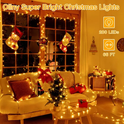 Vista 2 de Ollny Luces de Navidad, 66 pies, 200 luces LED para árbol de Navidad con 11 modos, control remoto, IP44, impermeable, cambio de color, luces