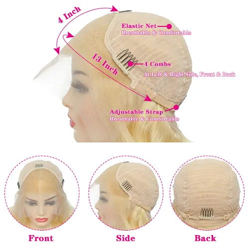 Vista 4 de Peluca de cabello humano con encaje frontal de onda corporal, rubio 613, 13x4, brasileña, 200 de densidad, nudos blanqueados pre arrancados