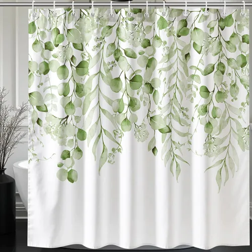 Vista 9 de KAIRA Cortina de ducha de eucalipto negro con diseño clásico y moderno, hojas de plantas de acuarela con diseño floral, decoración de baño, 72 x 72