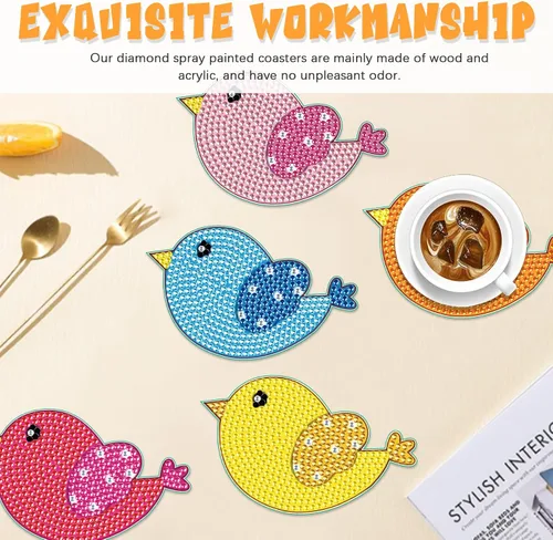 Vista 4 de Tontut 8 posavasos de madera de pintura de diamante con soporte, posavasos de pájaro pequeño, kits de arte de diamantes para principiantes, adultos