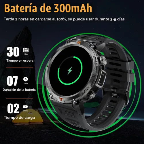 Vista 9 de Reloj inteligente militar para hombres táctico resistente Bluetooth llamada Negro