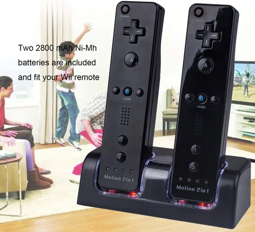 Vista 6 de Estación de carga Wii, base de carga dual con dos baterías recargables de 2800 mAh para control remoto Wii (negro)