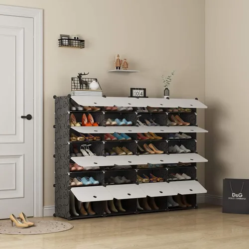 Vista 4 de KOUSI Organizador portátil para zapatos, 64 pares, estante de torre, soporte de armario expandible para tacones, botas, pantuflas, 8 niveles, negro