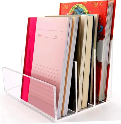 Vista 6 de Organizador de archivos de acrílico transparente, soporte de escritorio con múltiples compartimentos para libros, documentos, oficina en casa