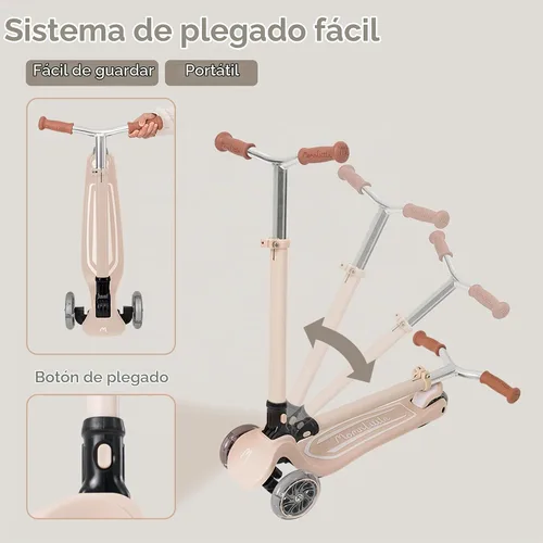 Vista 4 de MomnLittle Toddler Scooter for Kids Ages 3-10, 3-Wheel Foldable Kick Scooter, LED Light-Up Wheels, Lean-to-Steer Design, 4-Height Adjustable Beige