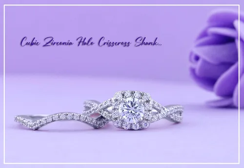 Vista 4 de Dazzlingrock Collection 5mm Centre Round Cubic Zirconia Halo Crisscross Shank Engagement Ring Set for Women (Color White, Clarity Clean) in 10K Gold