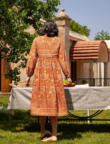 Vista 6 de R.Vivimos - Vestidos por debajo de la rodilla de estilo bohemio para mujer, vestido de manga larga, con estampado floral retro y cuello en V