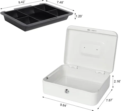Vista 4 de Caja de dinero con bandeja de dinero y cerradura, caja de dinero de metal para efectivo, caja de seguridad 9.84 x 7.87 x 3.54 pulgadas, color blanco