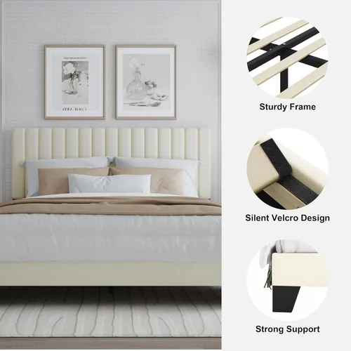 Vista 5 de Marco de Cama Tamaño Twin con Cabecera Capitonada Ajustable – Cama de Plataforma Tapizada en Terciopelo, Marco Resistente y Listones, No Necesita