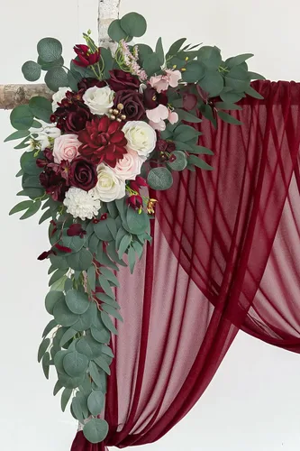 Vista 4 de Olalaka Kit de flores artificiales para arco de boda de color burdeos (paquete de 3) con tela drapeada de arco brillante borgoña de 26 pies