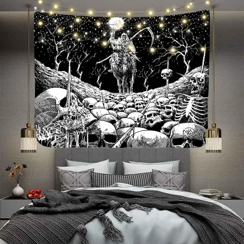Vista 8 de Aidatain Grim Reaper - Tapiz de calavera de muerte de esqueleto para colgar en la pared de los hombres, para dormitorio, fantasía, tela de franela