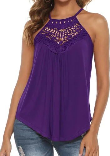 Vista 2 de Bluetime - Camisetas sin mangas con cuello halter para mujer, de encaje, con tirantes delgados, para verano