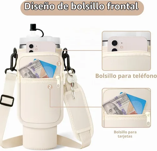 Vista 4 de AceTreker Bolsa de transporte para botella de agua con correa para vaso Stanley de 40/30 onzas, funda aislante de neopreno con bolsillo para 01-Crema