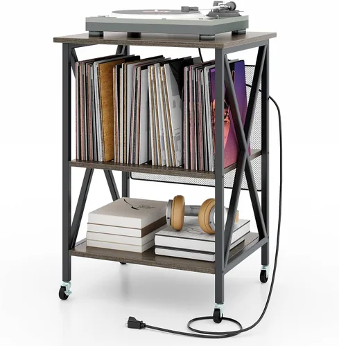 Vista 11 de Giantex Soporte para tocadiscos con estación de carga, soporte para tocadiscos con almacenamiento de discos y 4 ruedas rodantes, mesa