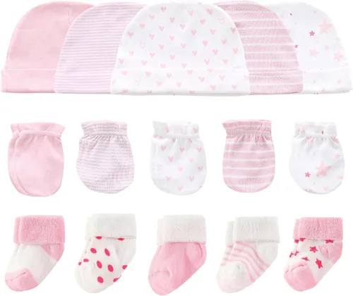 Vista 9 de Ruliby Conjunto de Gorros, Manoplas y Calcetines para Bebé de Algodón, Gorro Beanie Suave para Recién Nacidos, Gorros Guantes para Niñas y Niños 0-6