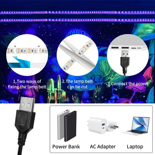 Vista 3 de iNextStation Tira de Luz LED UV Negra USB, 2M/6.6 pies 5V SMD5050 LEDs 395nm-405nm Tira de Luz Negra para Fluorescente, Curación de Impresión 3D