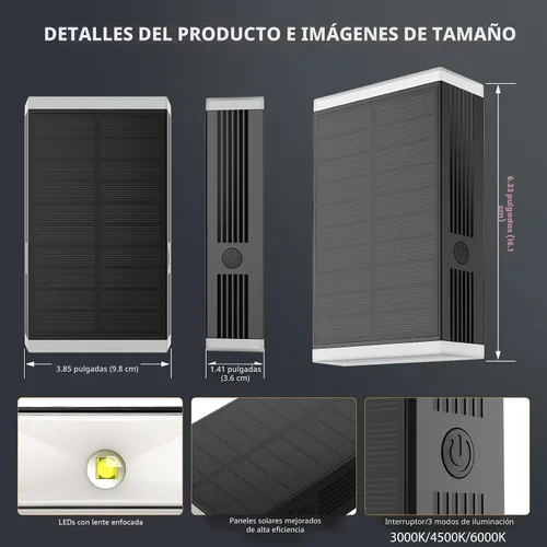 Vista 2 de Lámpara solar de pared para exteriores, 3000/4000/6000K, 3 modos de iluminación del atardecer al amanecer, aplique de pared IP67, impermeable