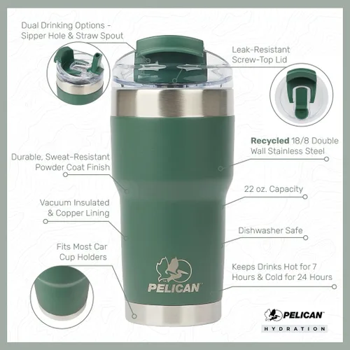 Vista 4 de Pelican Hydration Pelican Traveler™ - Vaso aislado al vacío de 22 onzas, de acero inoxidable, doble pared, con tapa doble, taza de café aislada