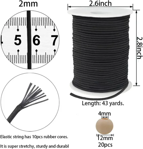 Vista 2 de Cordón elástico delgado negro de 2mm para hacer pulseras, cuerda elástica redonda de 129 pies, cordón para cuentas Pony, hilo elástico