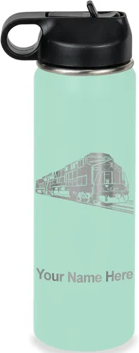 Vista 53 de LaserGram Botella de agua personalizada, tren de carga, acero inoxidable de doble pared aislada al vacío con popote superior, regalo grabado