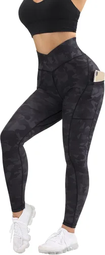 Vista 2 de OMKAGI Leggings con cintura cruzada en V para mujer con bolsillos cintura alta pantalones de yoga para entrenamiento