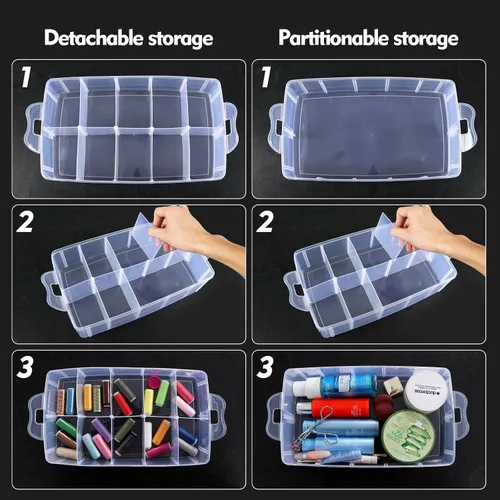 Vista 2 de Caja de almacenamiento apilable de plástico con 30 compartimentos ajustables, 3 niveles, organizadores de manualidades apilables transparentes