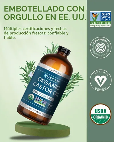Vista 2 de Florisan Aceite de ricino orgánico certificado por USDA, botella de vidrio de 16 onzas, prensado en frío, sin hexano, sin OMG, vegano, 100% puro