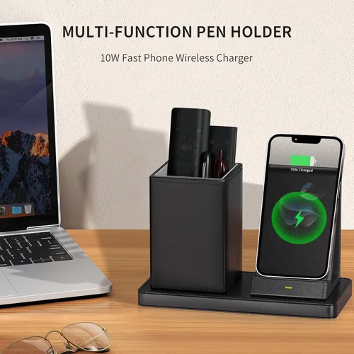 Vista 2 de Organizador Multifuncional para Bolígrafos de Escritorio, Negro, de Cuero Vegano, con Soporte para Control Remoto, Portalápices para Escritorio