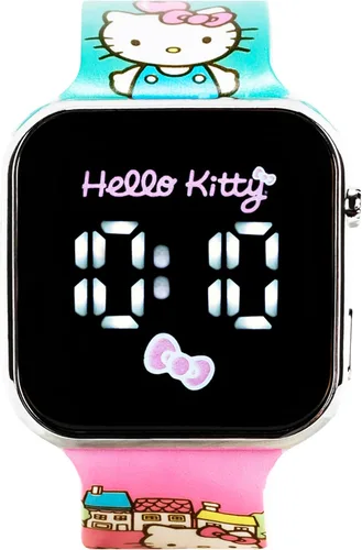 Vista 2 de Reloj Hello Kitty Kids con pantalla táctil LED de Hello Kitty con arte de personajes de Sanrio y correa con escena de la ciudad, pantalla digital