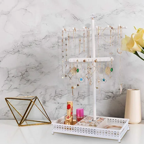Vista 5 de Meangood Organizador de soporte para árbol de joyería 3 en 1, organizador de collares, pulseras, aretes y bandeja de anillos, soporte de joyería